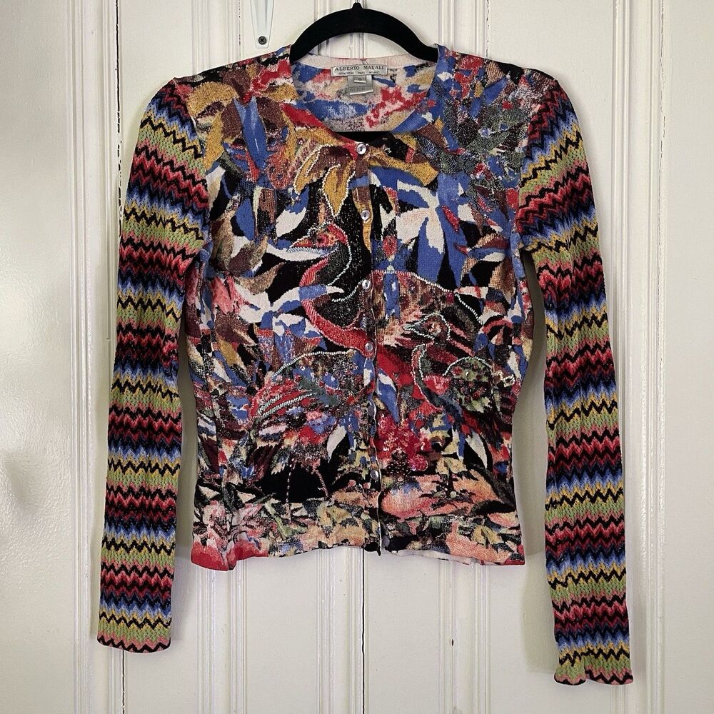 ALBERTO MAKALI Women Multicolored Birds Beaded Long Sleeve Cardigan Sweater Sz S
